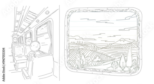 Outline drawing of a person on a train enjoying the scenic countryside view through the window, illustrating a peaceful journey