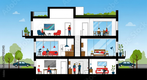 Cross section of a modern apartment building showing interior living spaces.