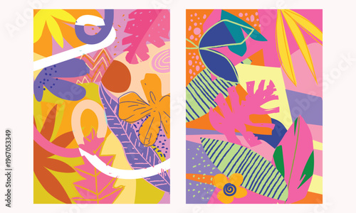 Set of abstract floral  hand-drawn botanical vector illustration. Flowers, tropical leaves, and artistic brushstroke textures in a modern boho style. design for fashion, decoration and wallpaper.