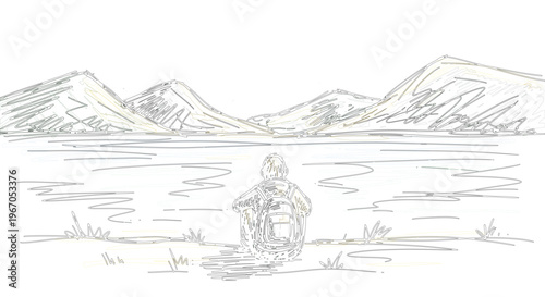 Quiet contemplation by the water's edge, a hand-drawn illustration depicting a solitary figure immersed in the serene beauty of a vast lake and distant towering mountains