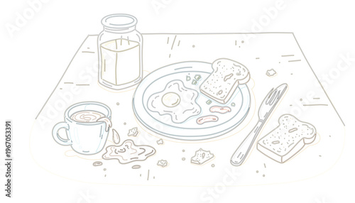 A rustic morning breakfast scene featuring a messy table with a plate of fried eggs and toast, accompanied by a spilled coffee mug and a jar, depicting a relaxed and casual start to the day