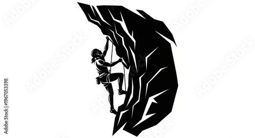 Silhouette of a rock climber scaling a steep cliff face.