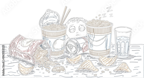 A still life drawing depicting a messy assortment of snack food items and drinks on a table