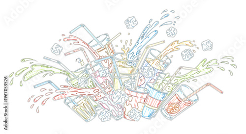 Vibrant illustration of a refreshing splash of assorted beverages, dynamically cascading from various glasses and cups with ice and colorful liquid bursts