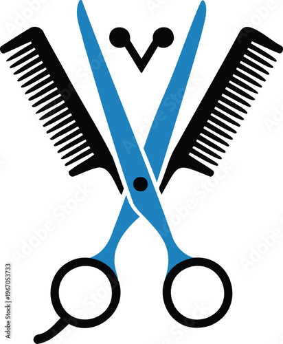 Scissors and combs crossed over each other for hairstyling and grooming purposes always together