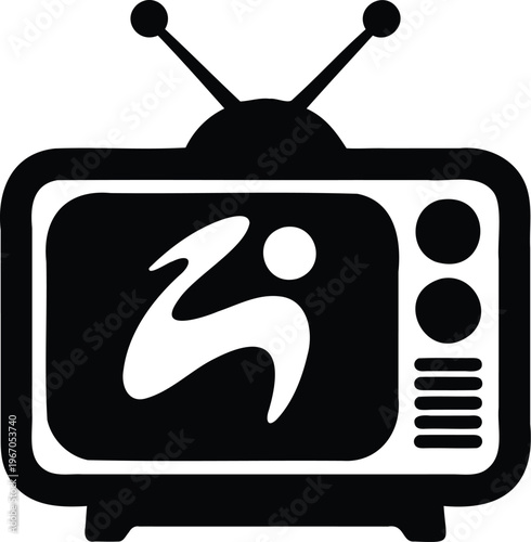 Old fashioned television set with antennae and running man logo on screen  retro TV icon