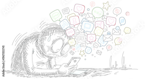 An anxious person overwhelmed by constant social media notifications, messages, and alerts on their phone