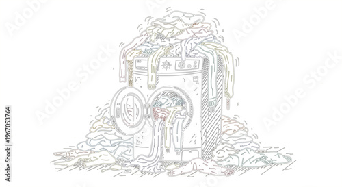 An artistic representation of a washing machine overflowing with laundry, suggesting a large load or a household chore