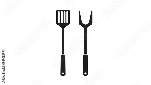 Barbecue grill spatula and fork set with black handles and hanging holes, isolated on white background.