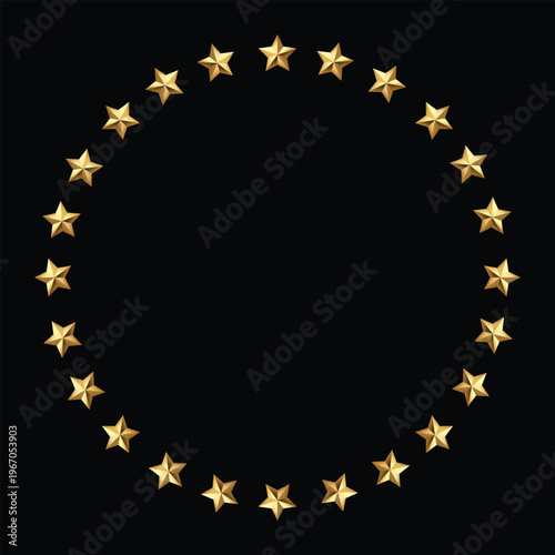 Golden stars frame round circle. Shiny metallic finish catches light. Ideal for awards, ratings, or festive designs. Clean black background enhances focus. Minimalist aesthetic suits modern projects