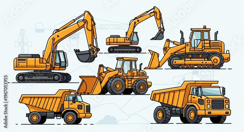 Collection of Yellow Construction Heavy Machinery Vehicles.
