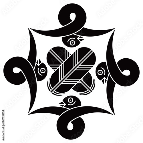 家紋です。四つ結び雁金に違い鷹の羽といいます。