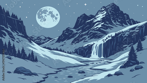 Snow Covered Moonlit Mountain Vector Illustration with Frozen Waterfall, Icy Textures and Starry Night Sky, Cinematic Winter Landscape, Ultra Detailed Vertical Background