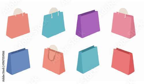 3D shopping bag vector set with colorful paper handbags in different angles for ecommerce isolated on white background