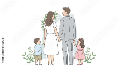 Happy family wedding illustration: parents and two children holding hands, celebrating love.
