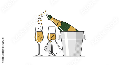 Champagne celebration: Bubbly bottle, two glasses, and ice bucket with white background