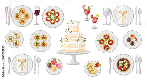Elegant Wedding Table Setting with Cake, Appetizers, Desserts, and Drinks