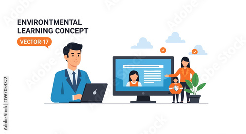 Environmental Learning Concept: Man with Laptop, Woman and Child with Plant, Computer Screen