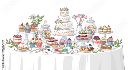 Sweet Dessert Table Display with Wedding Cake, Cupcakes, Macarons, and Candies