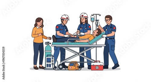 Paramedics providing emergency medical care to a patient on a stretcher with a concerned bystander.