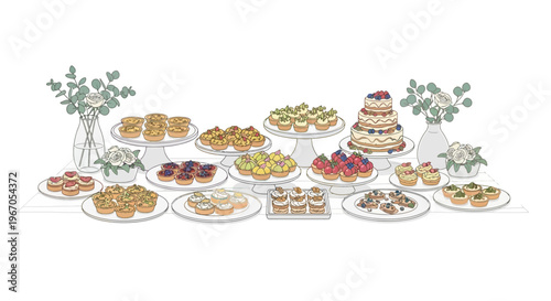 Elegant Dessert Buffet Display with Cakes, Tarts, and Pastries