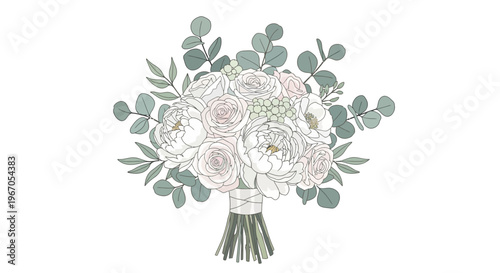 Elegant White and Pink Peony Bouquet with Eucalyptus Leaves, Hand-Drawn Wedding Flowers