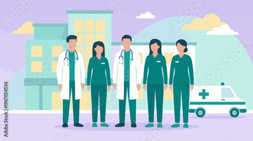 Healthcare Team: Doctors and Nurses at Hospital with Ambulance