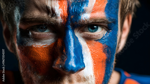 Passionate football fan with painted face in vibrant team colors of blue, orange, and white, expressing intense enthusiasm