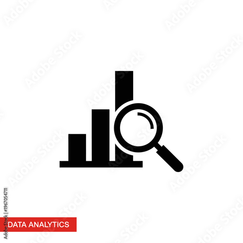 A minimalist icon of data analytics with a magnifying glass over a bar chart