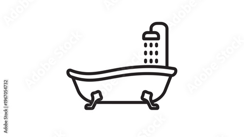 Bathtub icon with water flowing from shower head, simple line art design for bathroom related themes.
