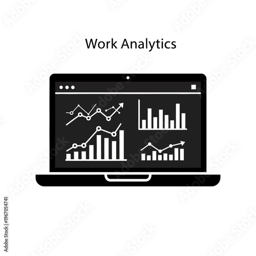 Laptop displays work analytics icon with charts on screen for business analysis