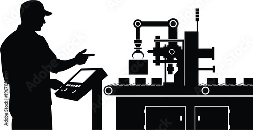 Factory worker operating industrial machinery automation and manufacturing in silhouette