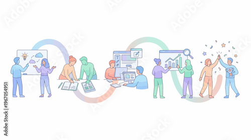 Online Campaign Workflow Illustration Marketing Team Step By Step Set