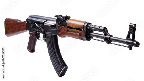 Принти на полотні Black metal AK-47 rifle with wooden stock and magazine, isolated on transparent