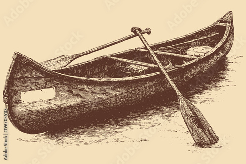 A vintage-style wooden canoe vector illustration. A vector illustration of an outdoor river adventure.