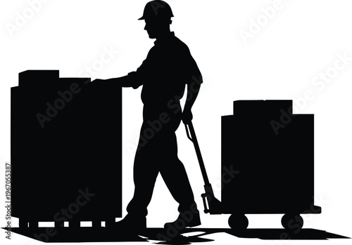 Silhouette of a factory worker pushing cartons industrial labor and manufacturing scene