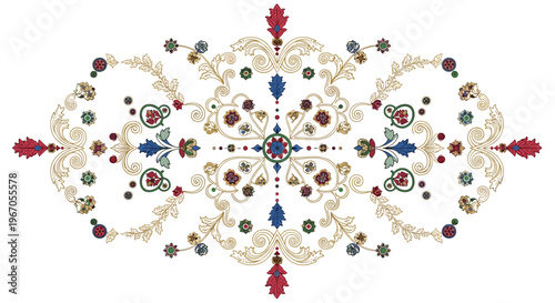 An elaborate, symmetrical ornamental pattern with colorful floral and leaf motifs is centered on a white background.