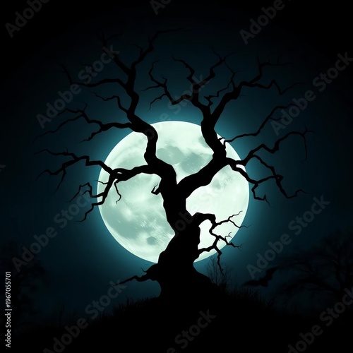 A spooky, twisted tree silhouette looms against a full moon on a dark, eerie Halloween night,  eerie, tree