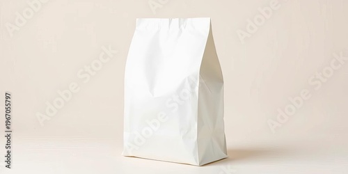 Plain white paper bag, unblemished, on neutral background,  blank template,  packaging