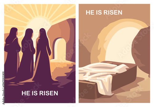 Christian Easter vector poster set showing the Resurrection of Christ: women at the empty tomb at sunrise and “He is risen” message. Ideal for church cards, worship prints and holiday designs.