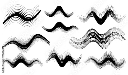 Dynamic halftone dot pattern vector set with flowing wave shapes and abstract dotted gradients isolated on white
