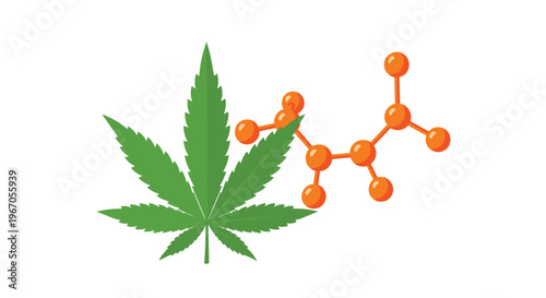 A vibrant green cannabis leaf with seven lobes is positioned next to an abstract orange molecular structure on a white background.