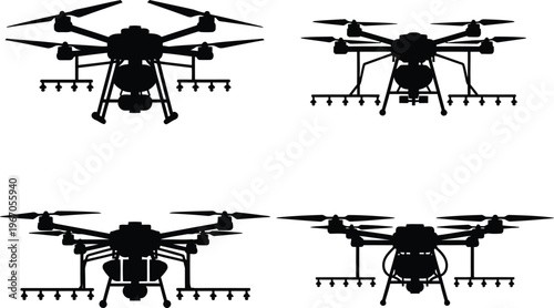 Agricultural Spraying Drone Silhouettes Set - Precision Farming Vector Art for Smart Agriculture