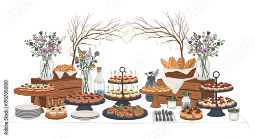 Elegant Buffet Table with Appetizers, Crostini, and Pastries for Catering or Event