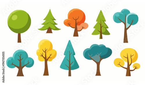 Colorful cartoon tree vector set with playful abstract forest elements isolated on white background
