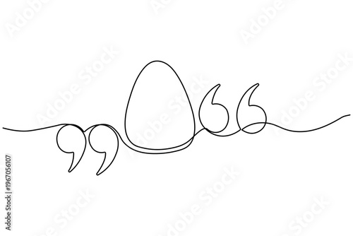 Minimalist continuous one line drawing of opening and closing quotation marks with an egg shape in the center on white background.