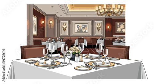 Elegant Restaurant Dining Table Setting with White Tablecloth and Crystal Glassware