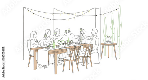 Elegant outdoor dinner party with friends toasting under fairy lights