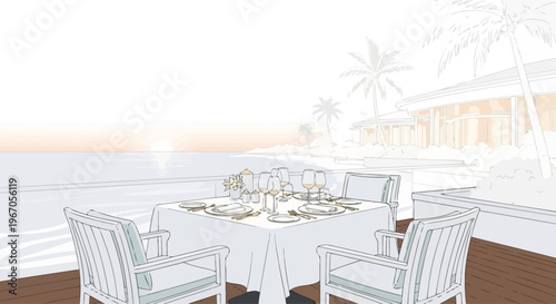 Elegant Beachfront Dining Table Setting with Ocean View and Palm Trees