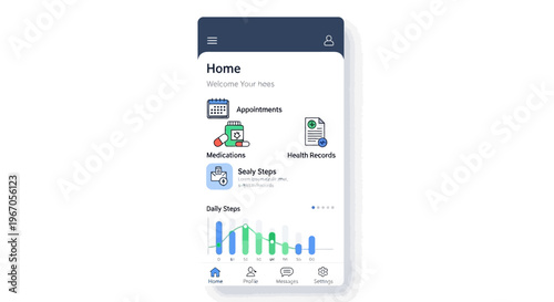 Modern mobile app interface for healthcare, showing appointments, medical records, and daily stats.